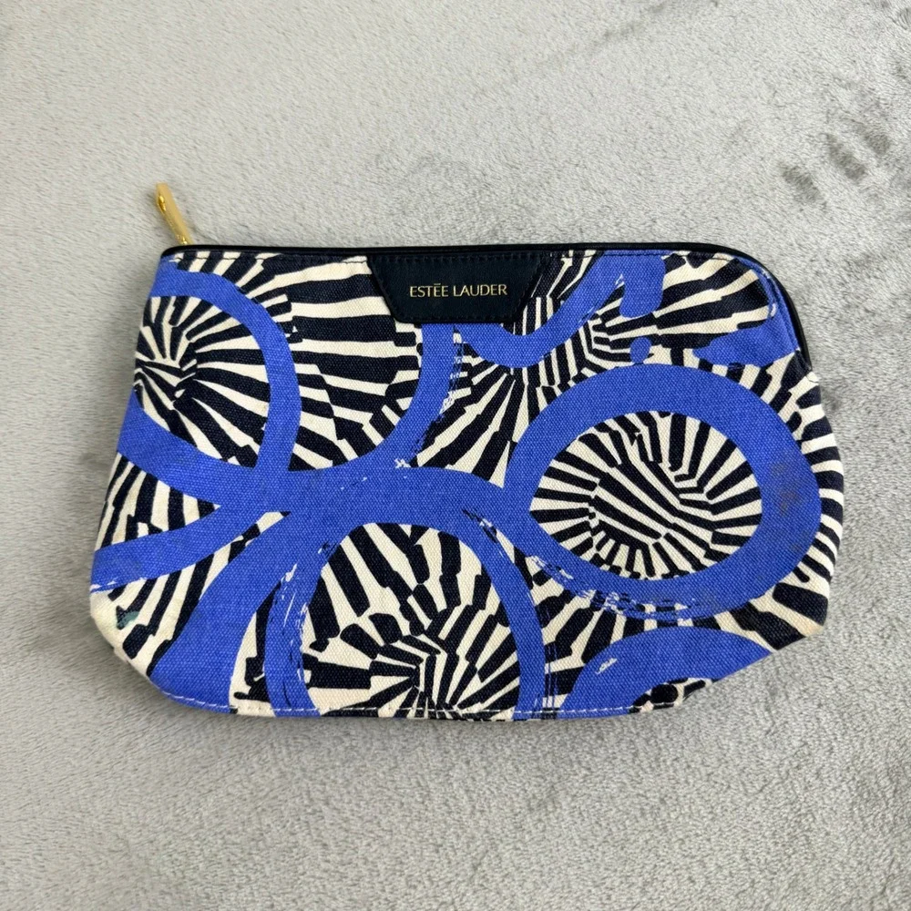 Estee Lauder Cosmetic Bag Blue White Black Canvas Abstract Swirl Makeup Pouch